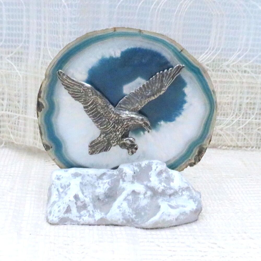 Vintage Geode Tealight Holder with Pewter Eagle On Base, Nature Lover Gift